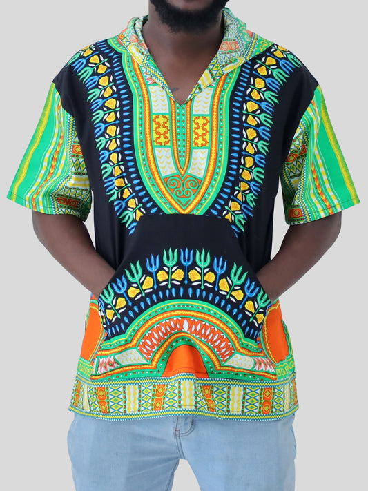 African Dashiki Unisex Shirt - Black Windbreaker Hoody Short Sleeve