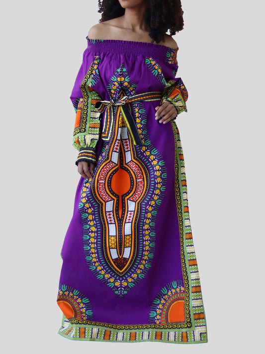 African Dashiki Long Dress - Long Sleeve Off Shoulder Shirt