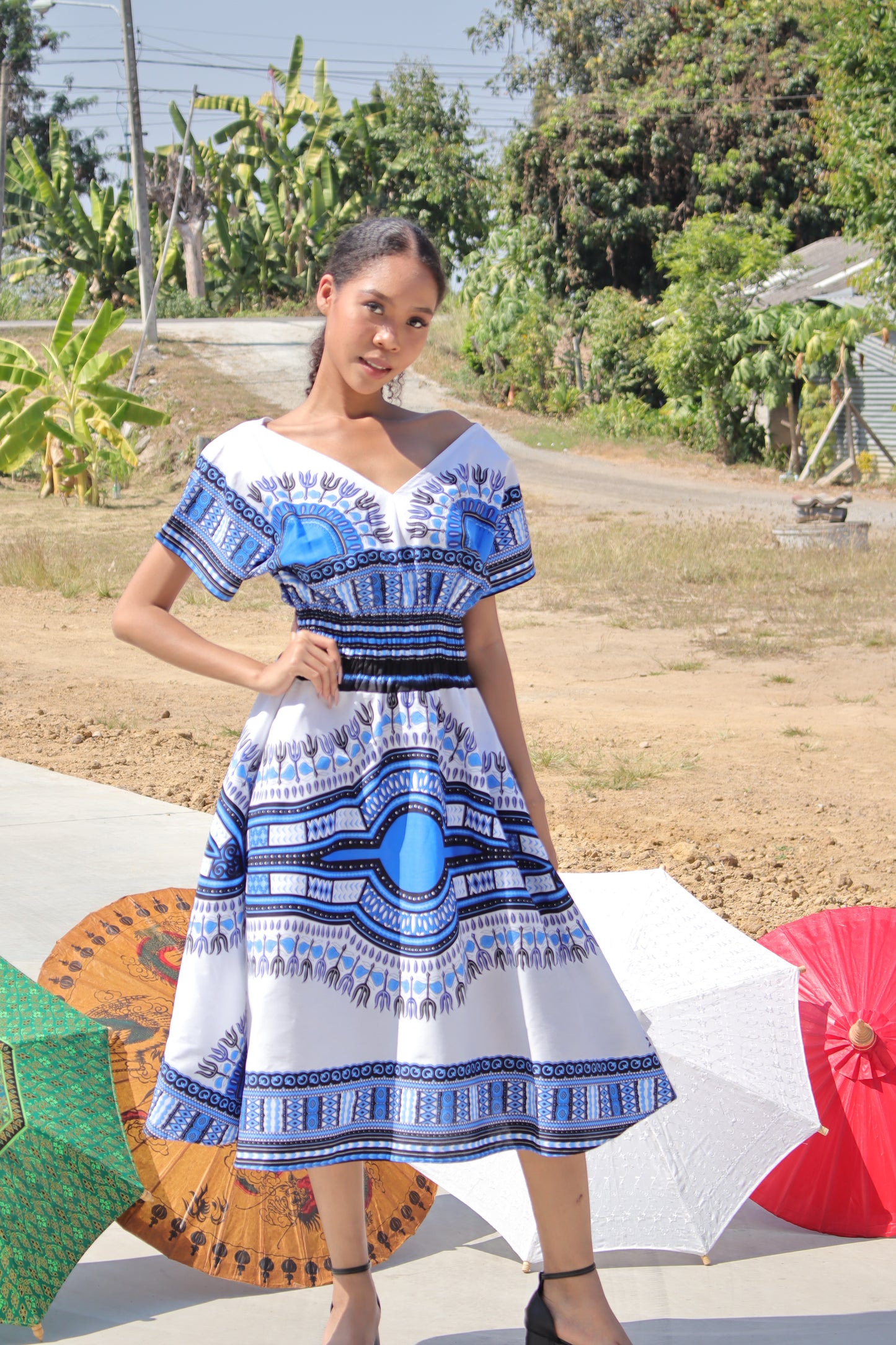 African Dashiki Dress - Round V Collar Smock Waist Colours