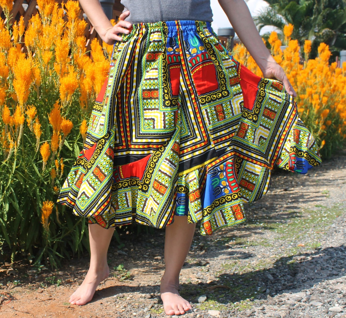 African Dashiki Short Gypsy Skirt - Patchwork Angle Carved