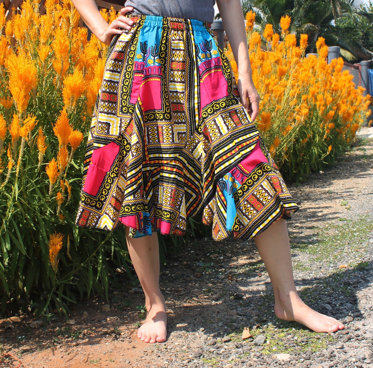 African Dashiki Short Gypsy Skirt - Patchwork Angle Carved