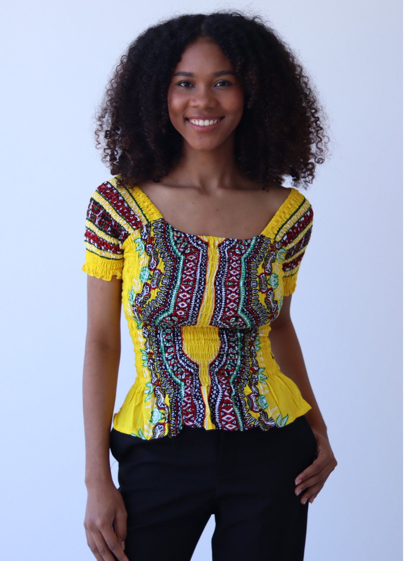 African Dashiki Womens Shirt - Smock Waist Babydoll Short Sleeves