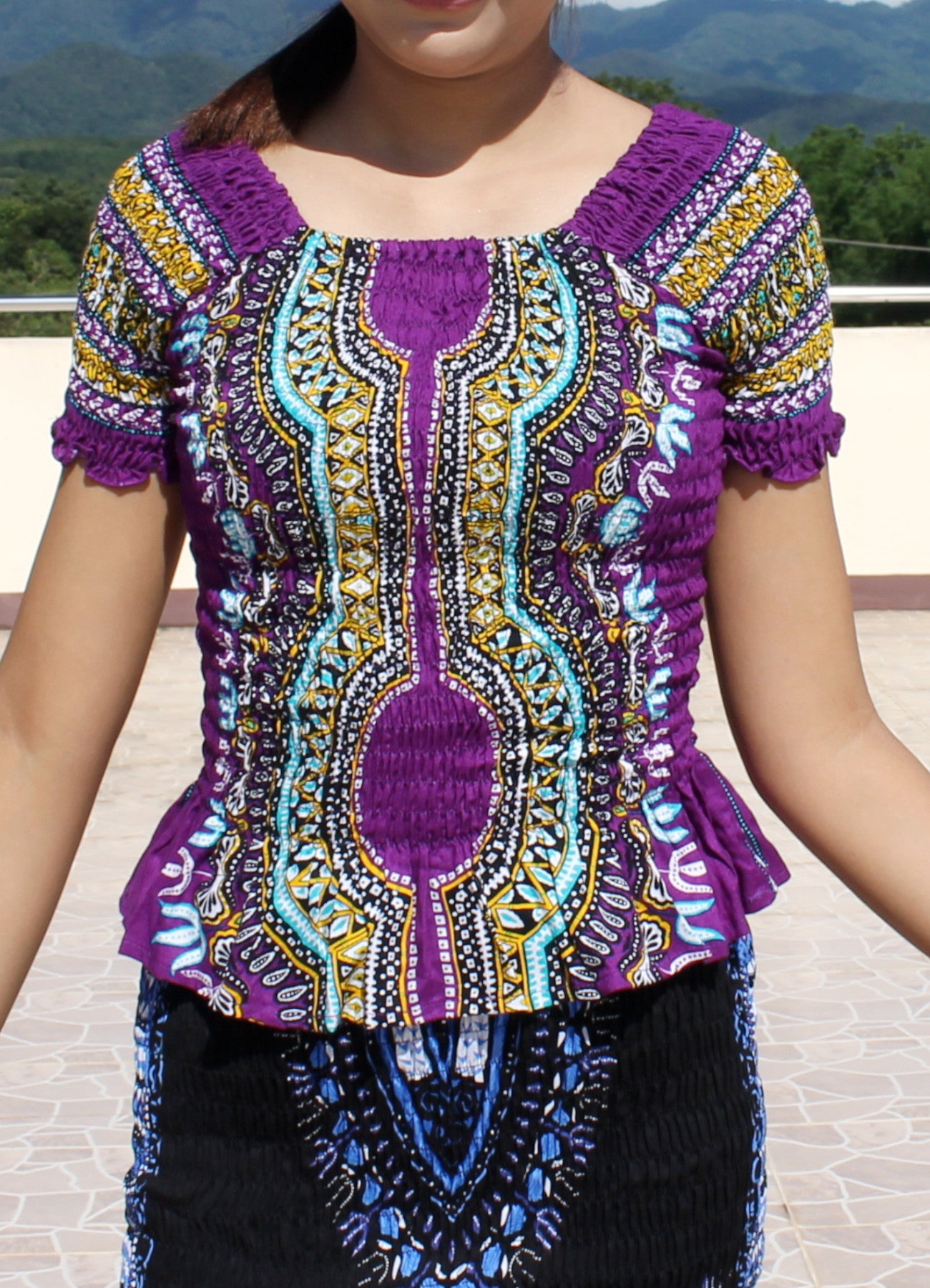 African Dashiki Womens Shirt - Smock Waist Babydoll Short Sleeves