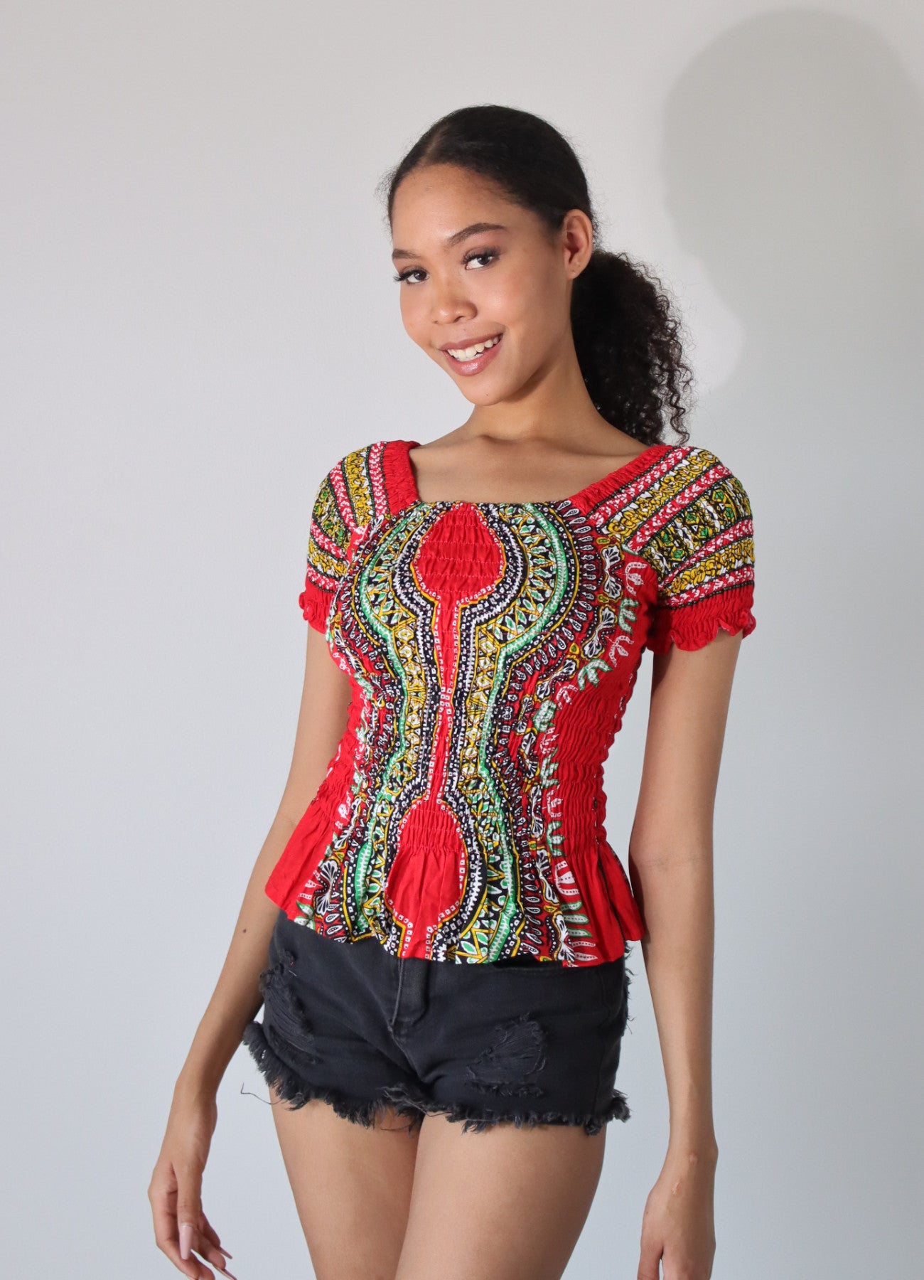 African Dashiki Womens Shirt - Smock Waist Babydoll Short Sleeves