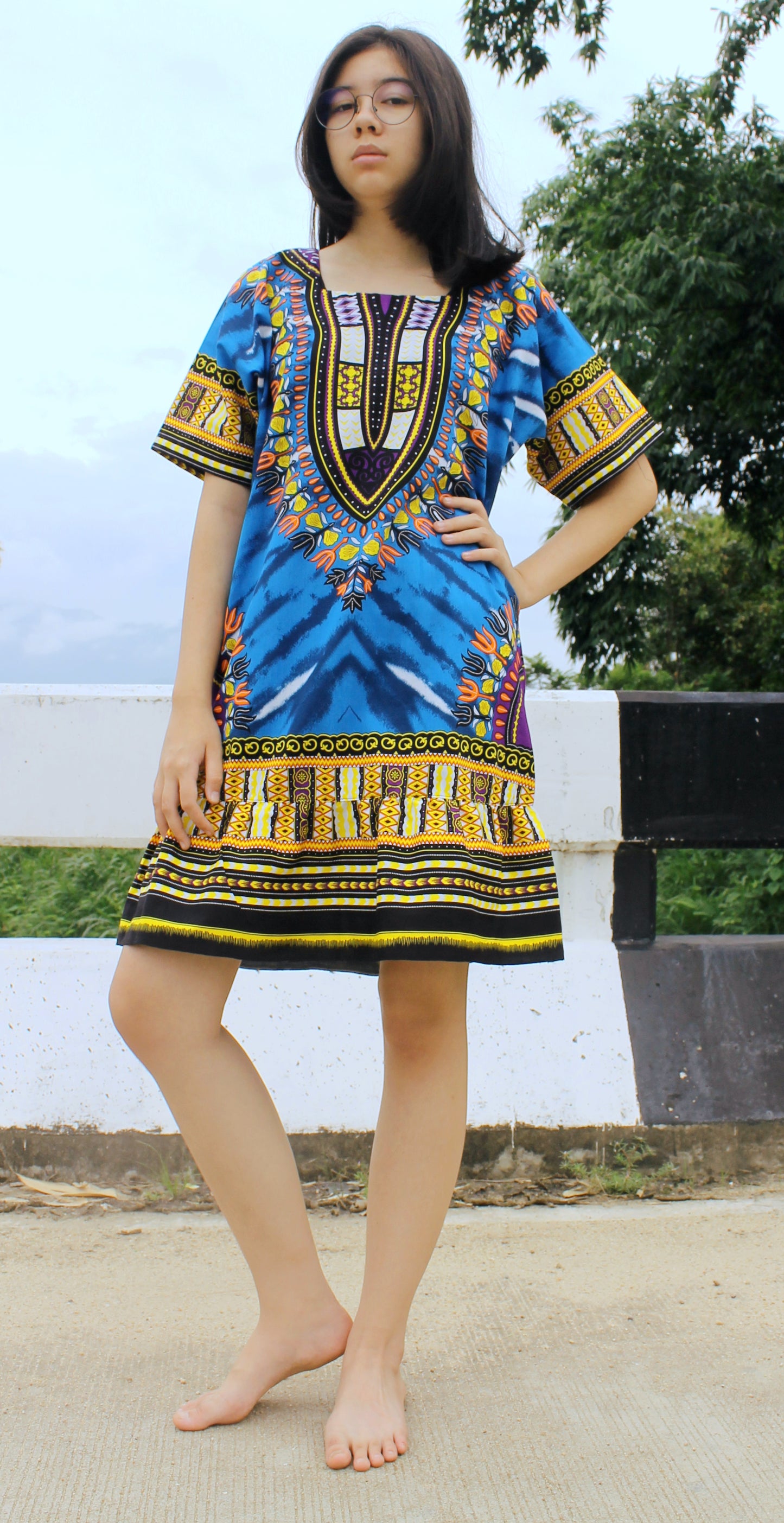 African Dashiki Dress - Women's Boho Ruffle Short Dress with Pockets