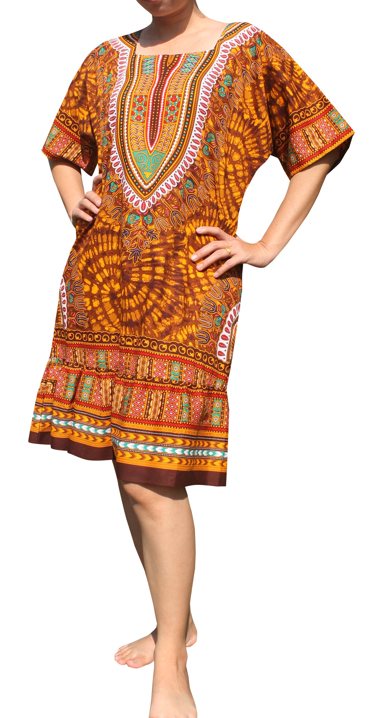 African Dashiki Dress - Women's Boho Ruffle Short Dress with Pockets