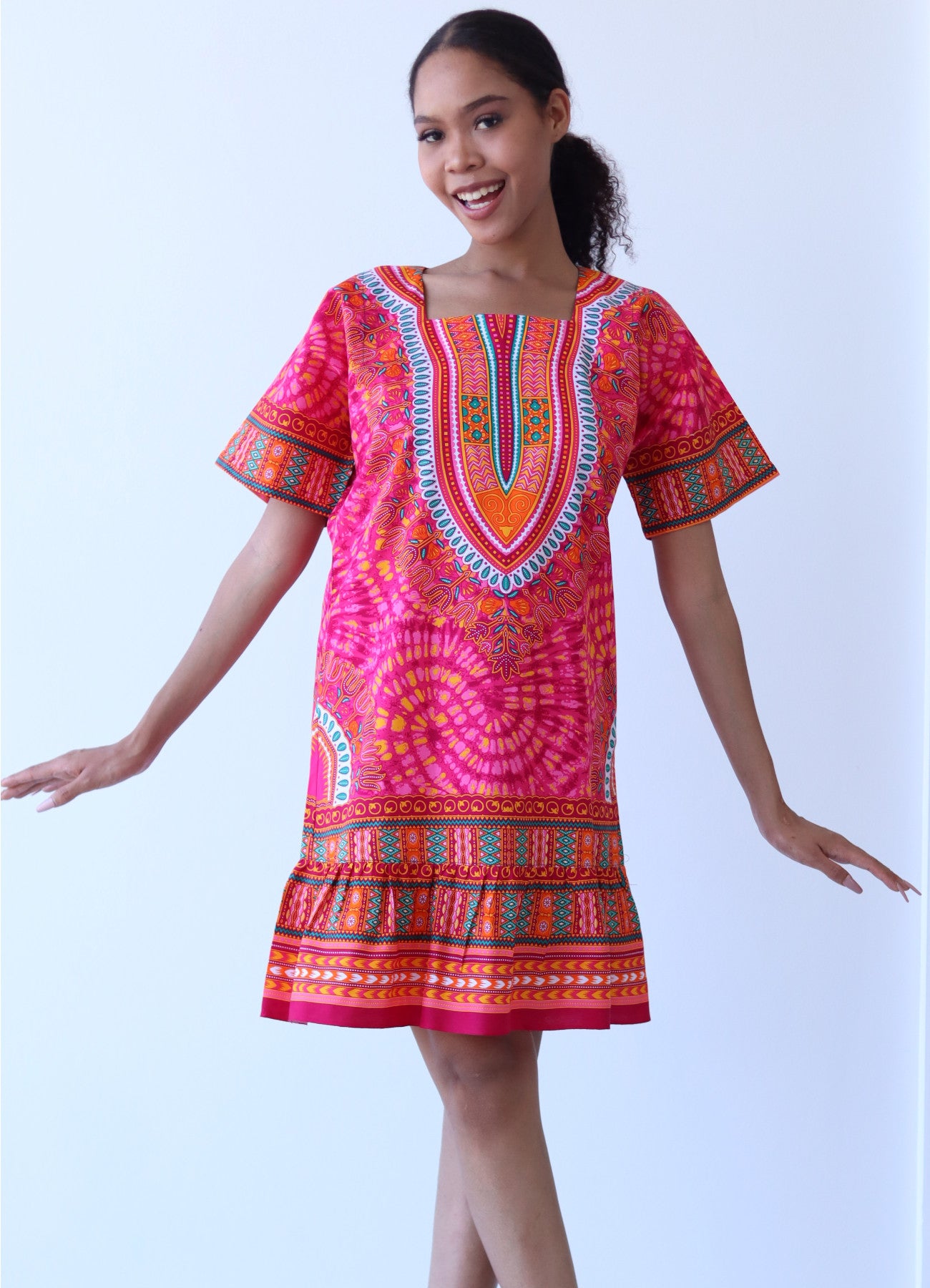 African Dashiki Dress - Women's Boho Ruffle Short Dress with Pockets