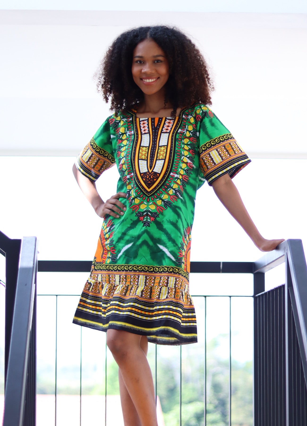 African Dashiki Dress - Women's Boho Ruffle Short Dress with Pockets