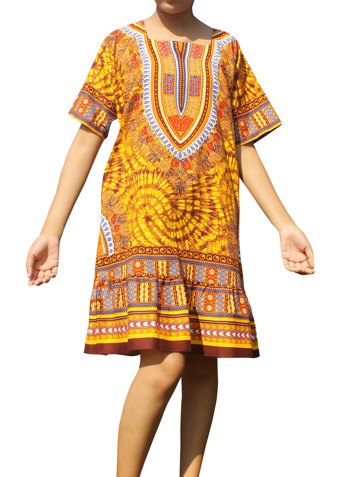 African Dashiki Dress - Women's Boho Ruffle Short Dress with Pockets