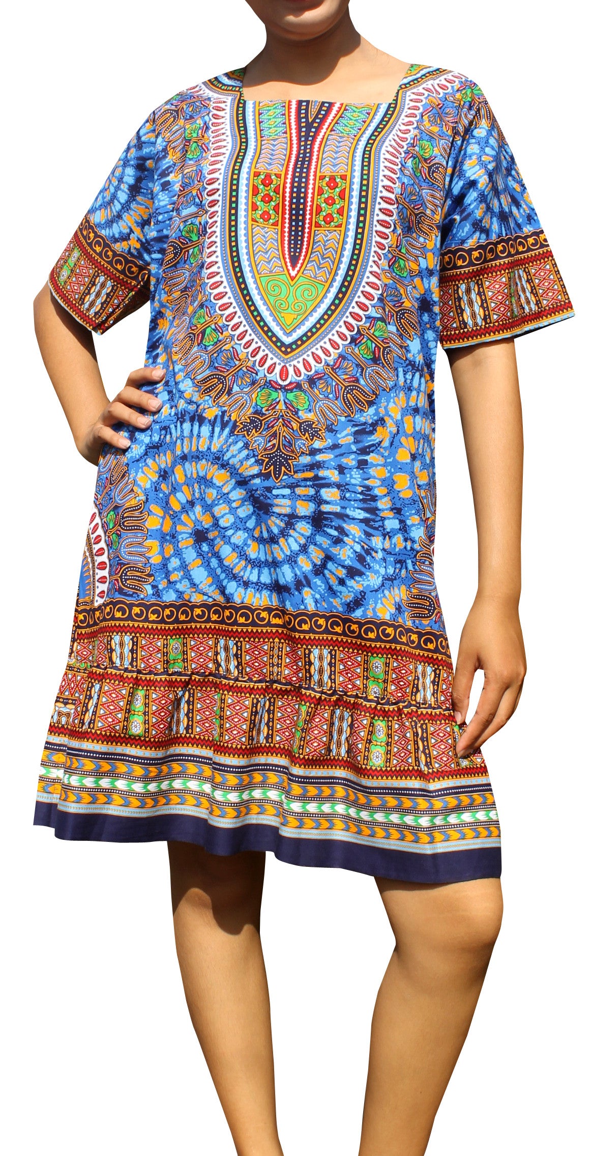 African Dashiki Dress - Women's Boho Ruffle Short Dress with Pockets