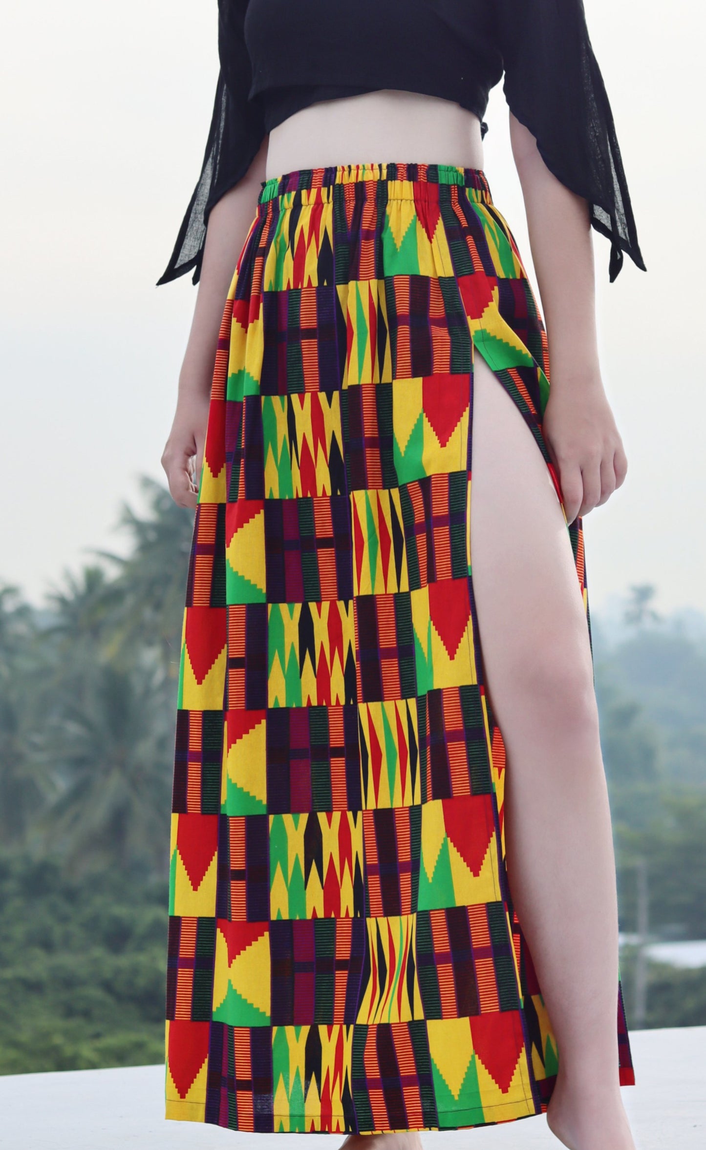 African Dashiki Skirt Side Slit - Kente Ankara Art Print Elastic Waist Dance Skirt