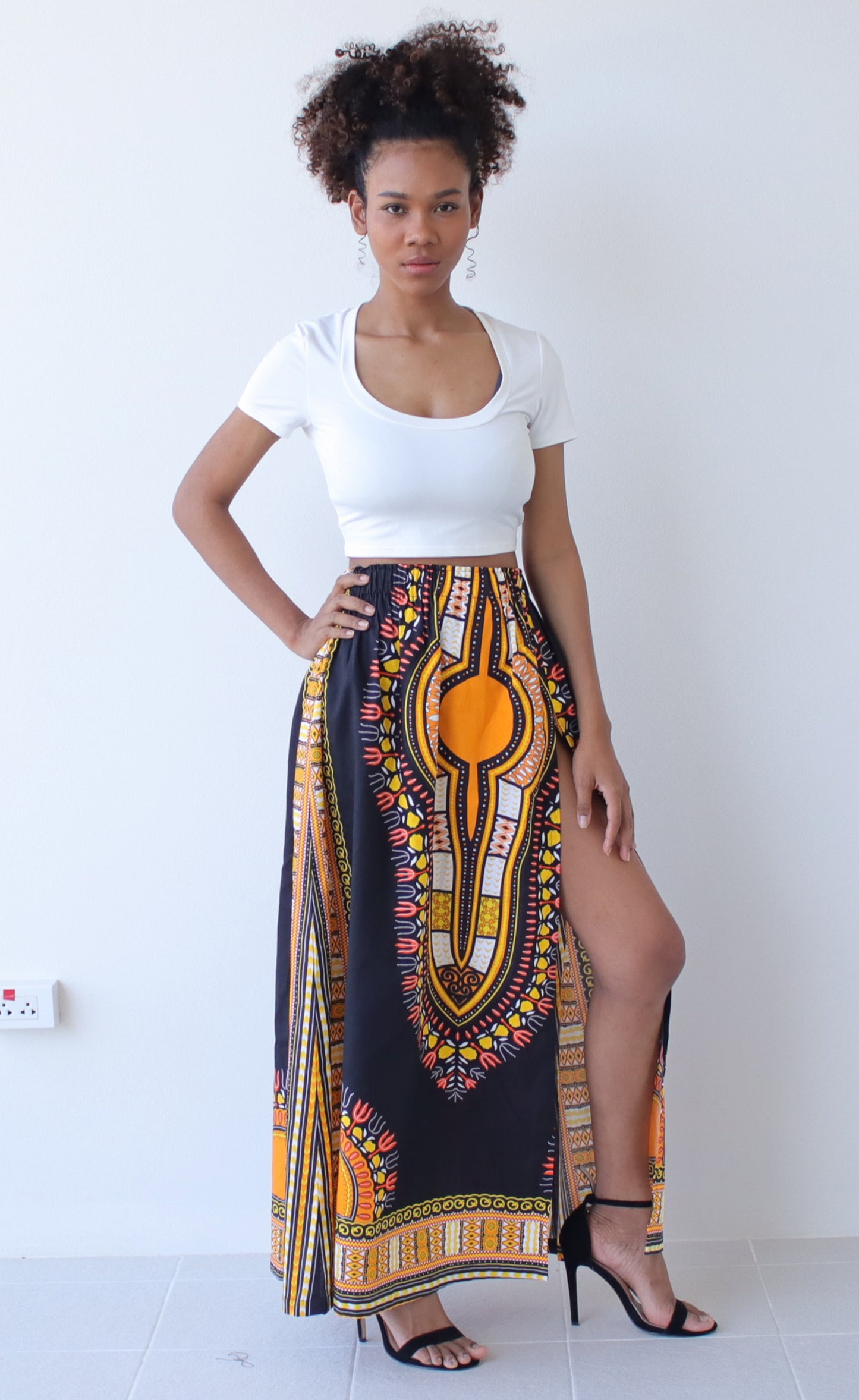 African Dashiki Skirt Side Slit - Kente Ankara Art Print Elastic Waist Dance Skirt