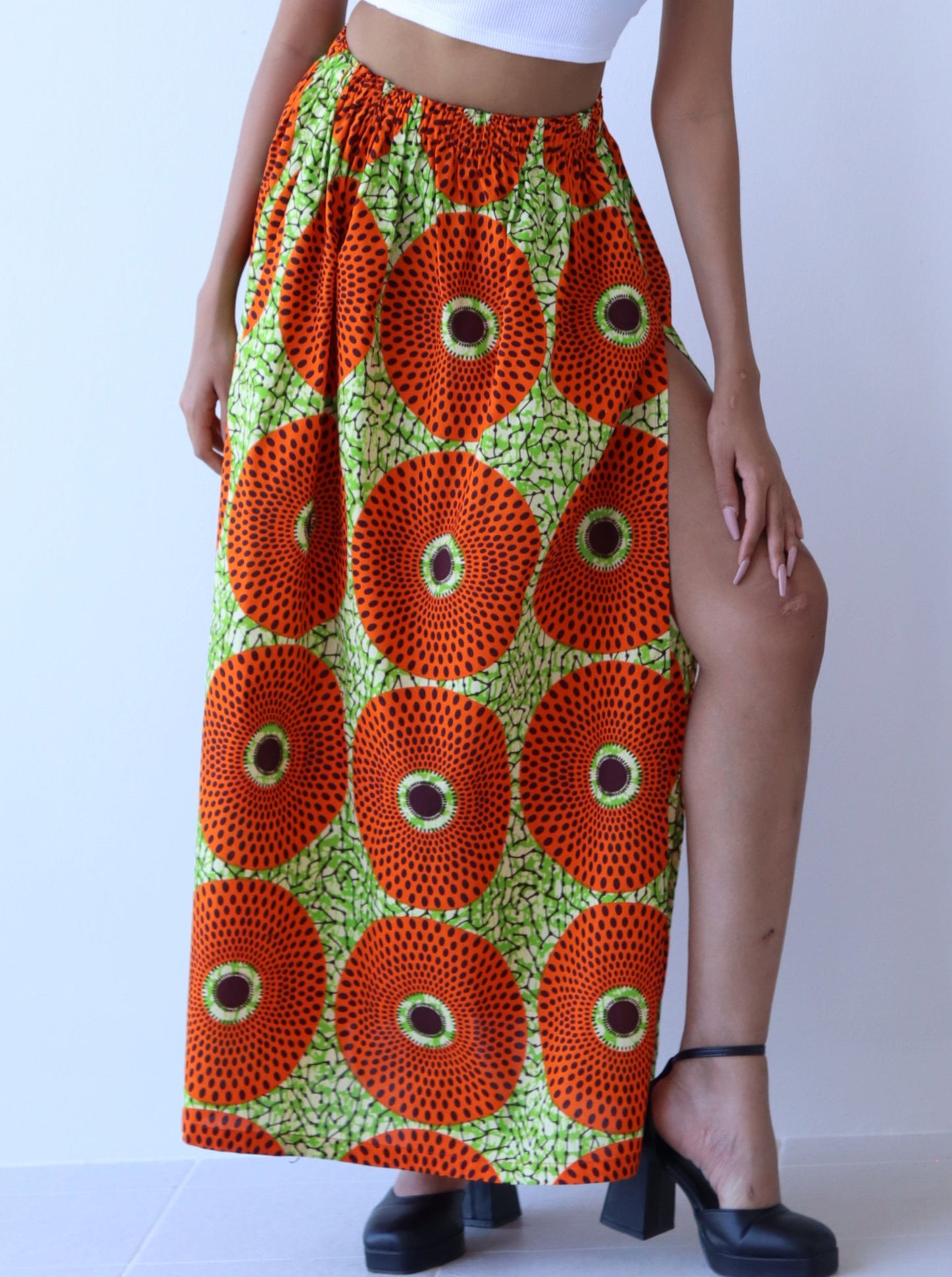 African Dashiki Skirt Side Slit - Kente Ankara Art Print Elastic Waist Dance Skirt