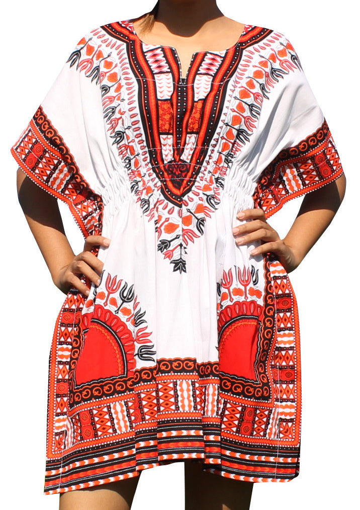 African Dashiki Ledies Shirt - Kaftan Dress Smock Smock Elastic Waist Short Sleeve