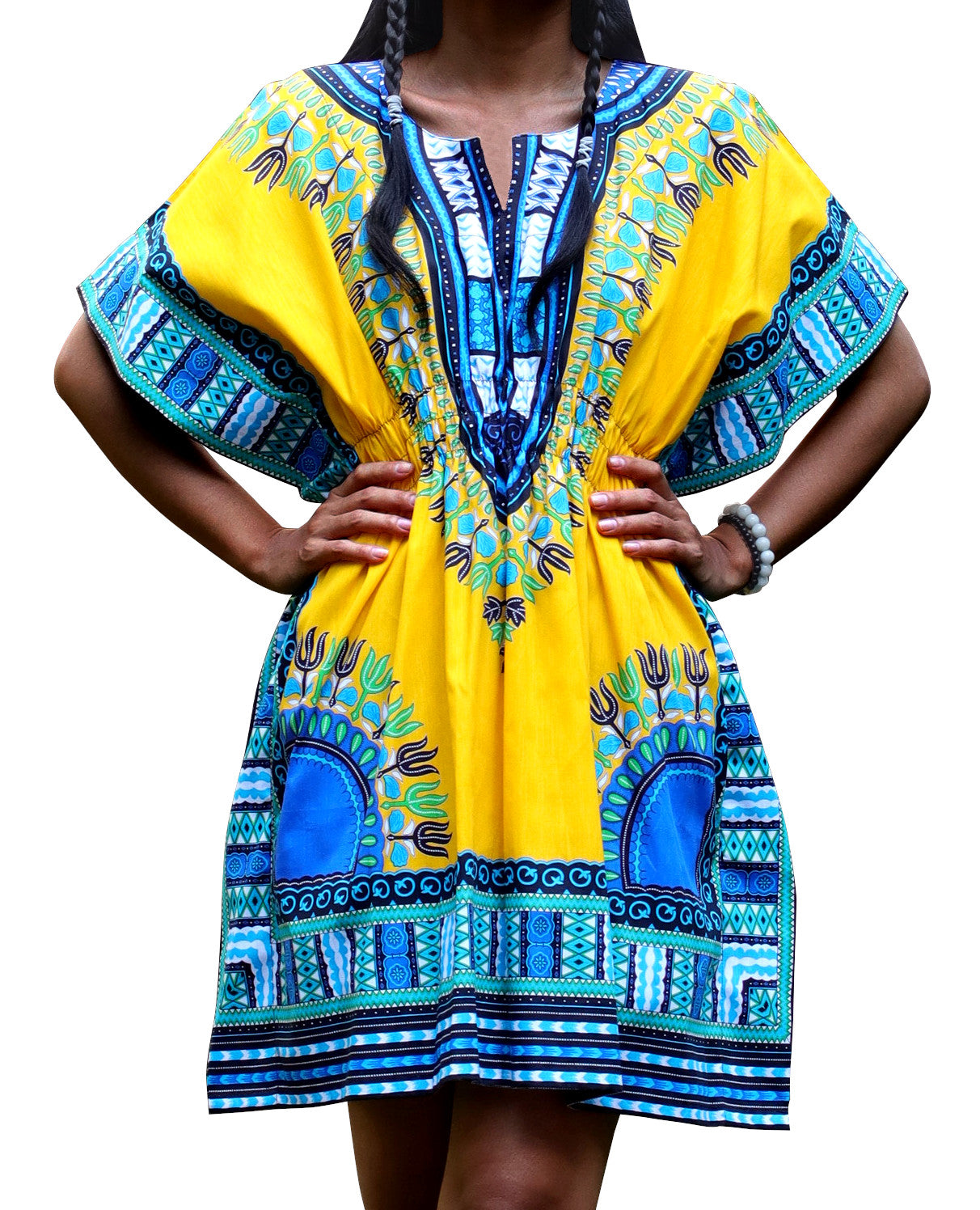 African Dashiki Ledies Shirt - Kaftan Dress Smock Smock Elastic Waist Short Sleeve