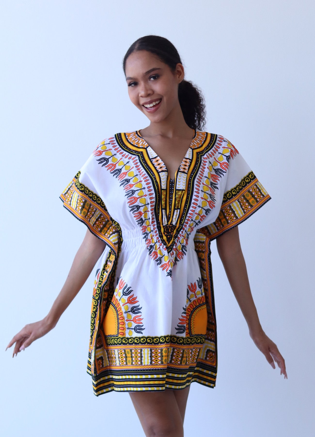 African Dashiki Ledies Shirt - Kaftan Dress Smock Smock Elastic Waist Short Sleeve