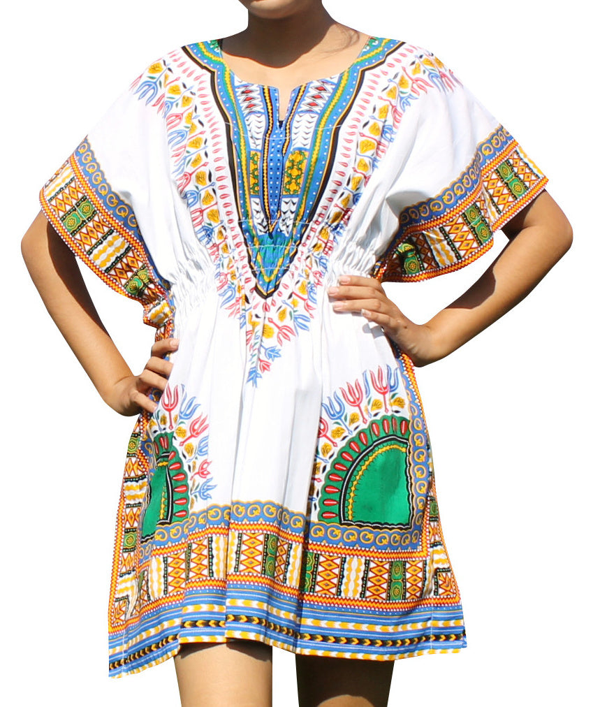 African Dashiki Ledies Shirt - Kaftan Dress Smock Smock Elastic Waist Short Sleeve