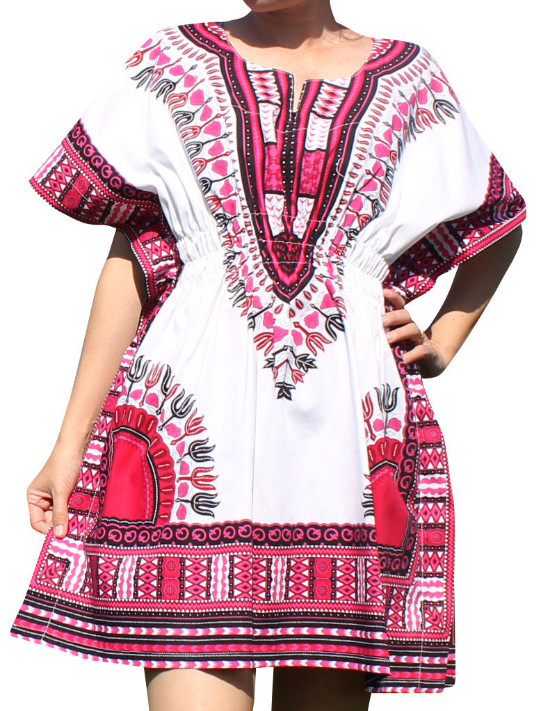 African Dashiki Ledies Shirt - Kaftan Dress Smock Smock Elastic Waist Short Sleeve