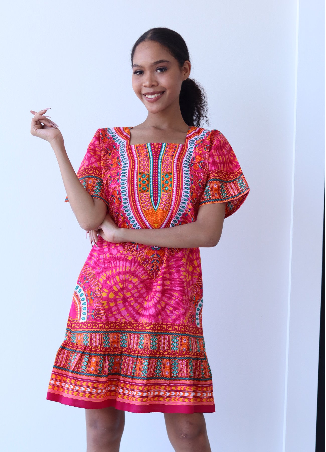 African Dashiki Dress - Women's Boho Ruffle Short Dress with Pockets