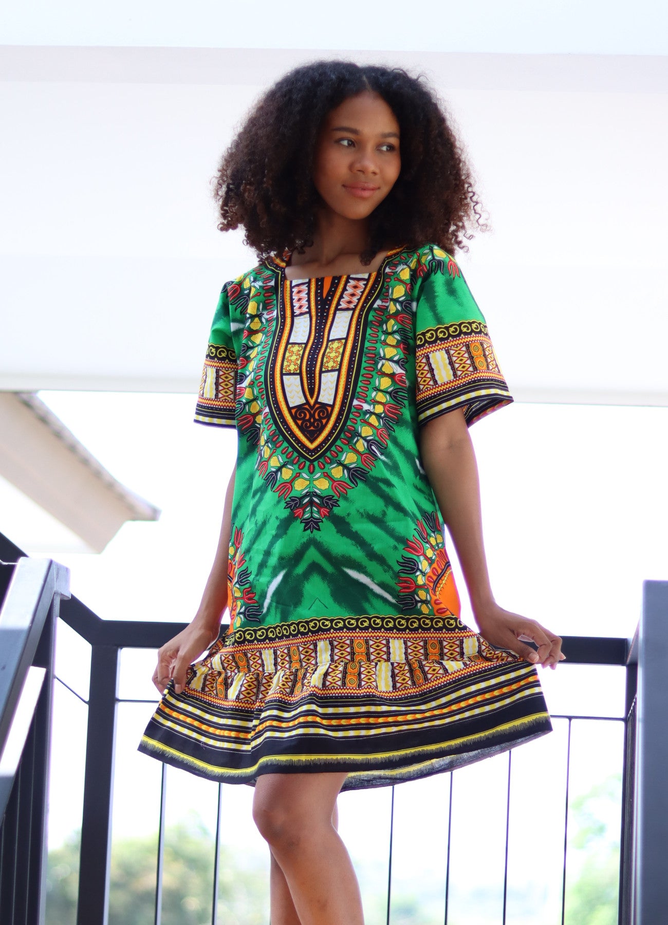 African Dashiki Dress - Women's Boho Ruffle Short Dress with Pockets