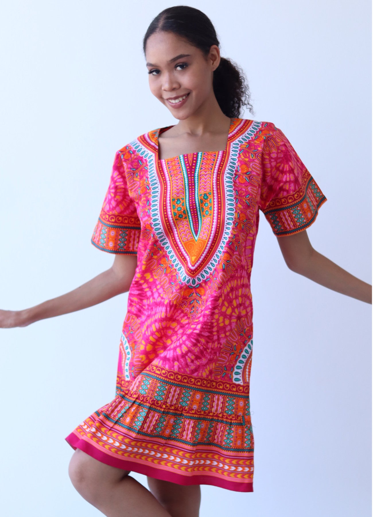 African Dashiki Dress - Women's Boho Ruffle Short Dress with Pockets