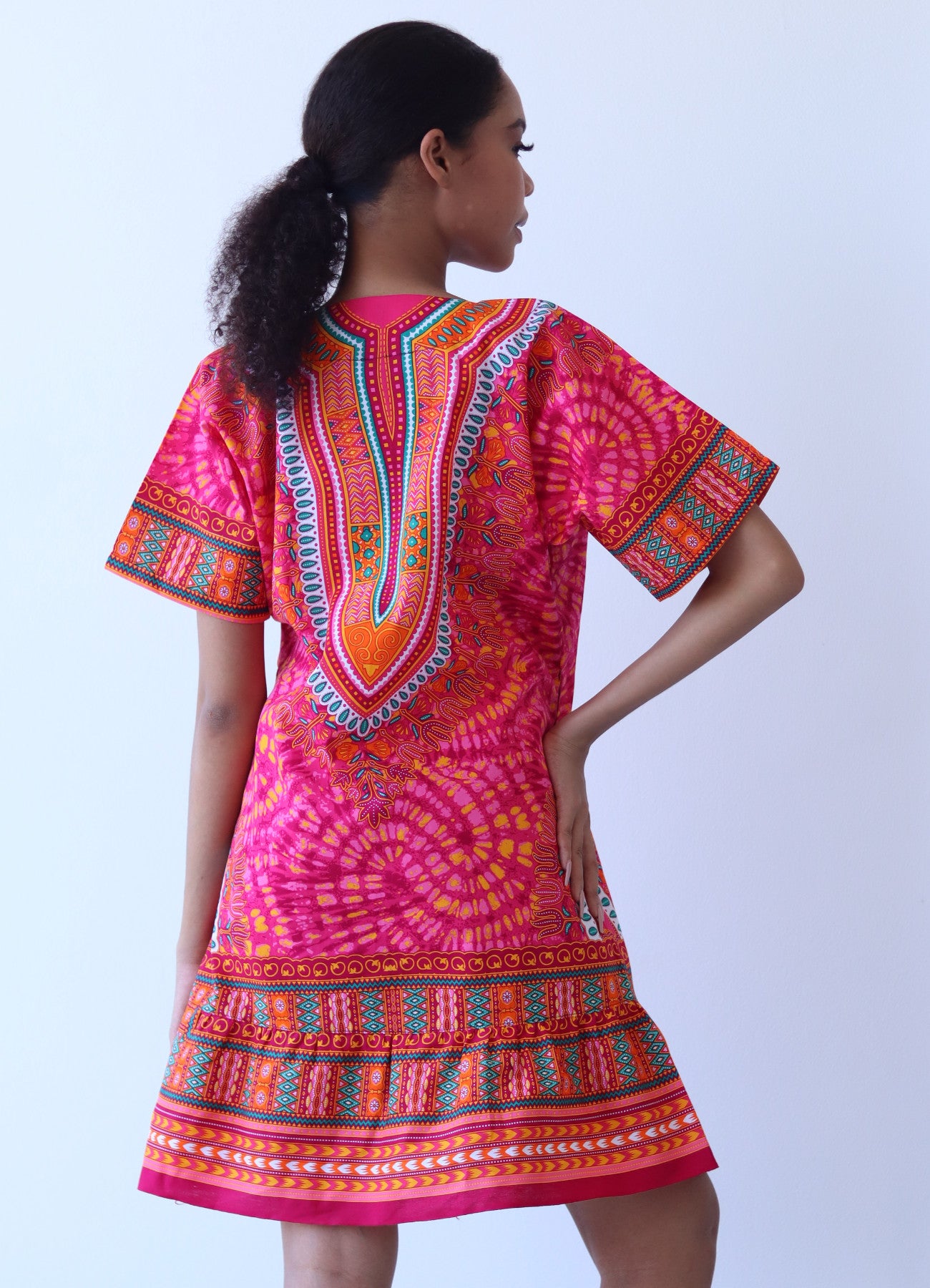 African Dashiki Dress - Women's Boho Ruffle Short Dress with Pockets