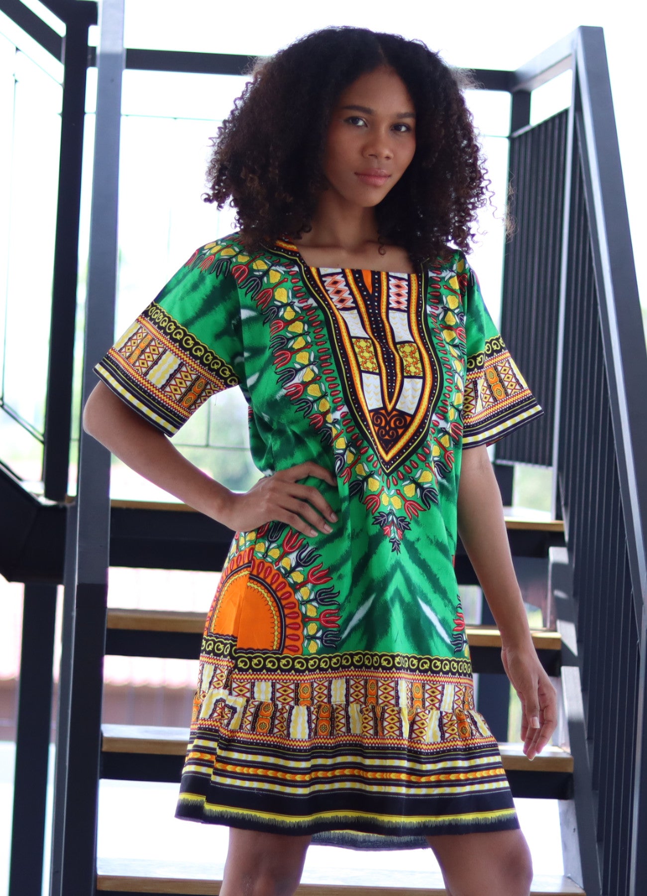 African Dashiki Dress - Women's Boho Ruffle Short Dress with Pockets