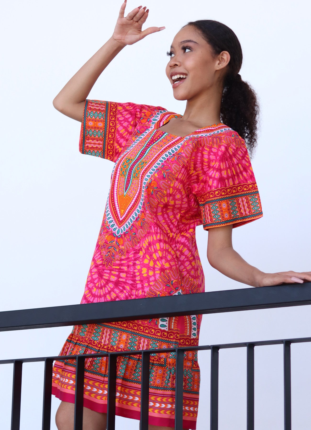 African Dashiki Dress - Women's Boho Ruffle Short Dress with Pockets