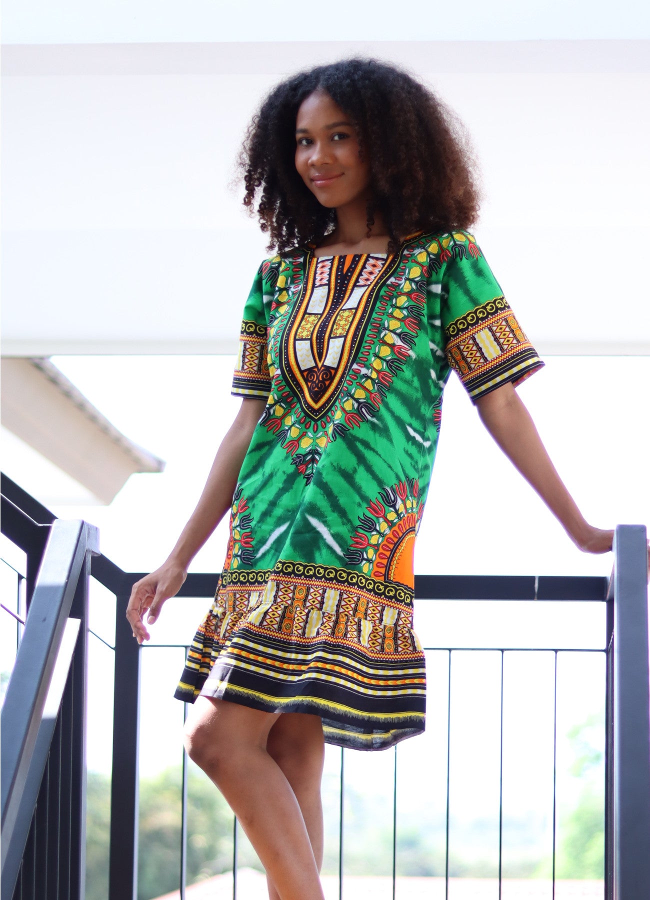 African Dashiki Dress - Women's Boho Ruffle Short Dress with Pockets