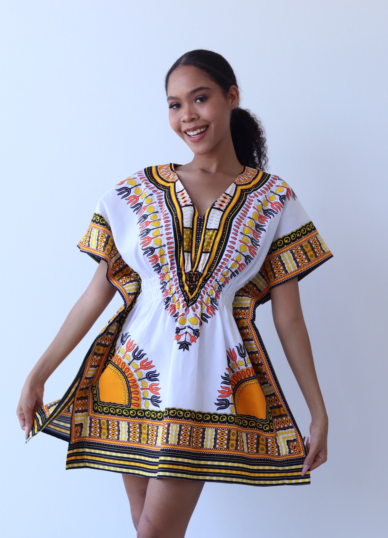 African Dashiki Ledies Shirt - Kaftan Dress Smock Smock Elastic Waist Short Sleeve