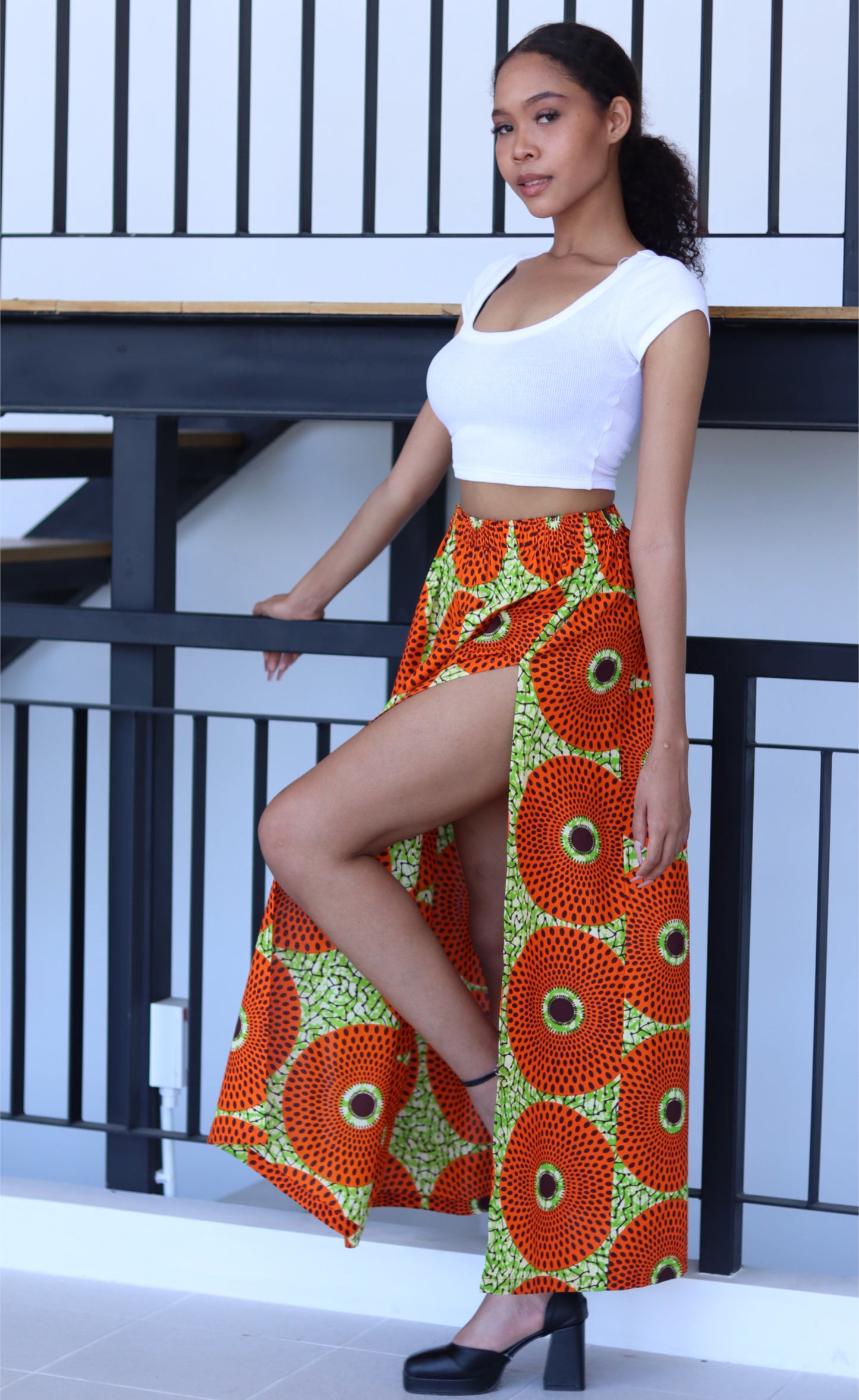 African Dashiki Skirt Side Slit - Kente Ankara Art Print Elastic Waist Dance Skirt