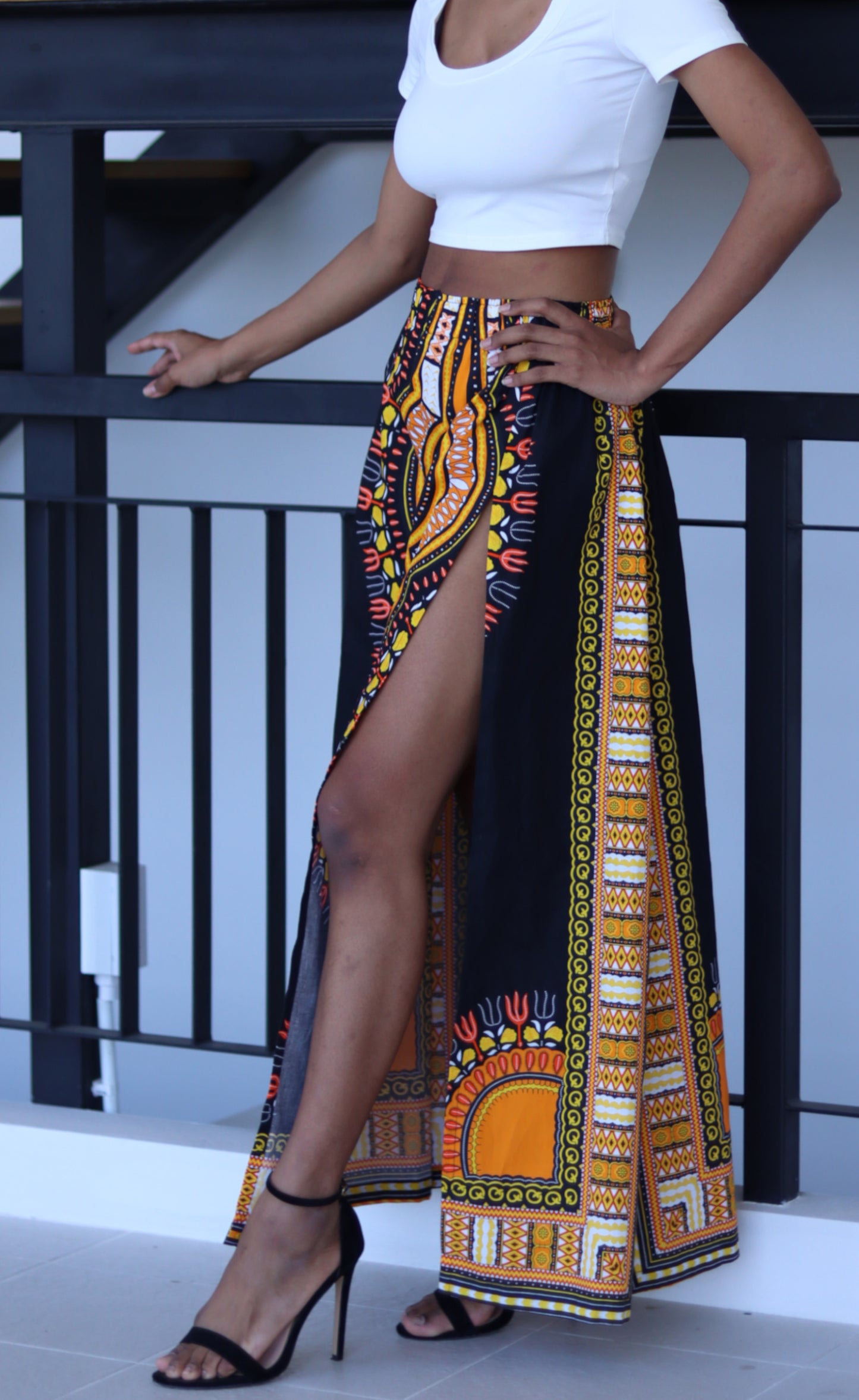 African Dashiki Skirt Side Slit - Kente Ankara Art Print Elastic Waist Dance Skirt