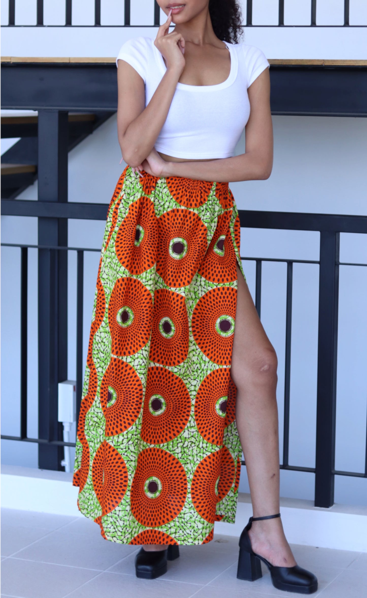 African Dashiki Skirt Side Slit - Kente Ankara Art Print Elastic Waist Dance Skirt