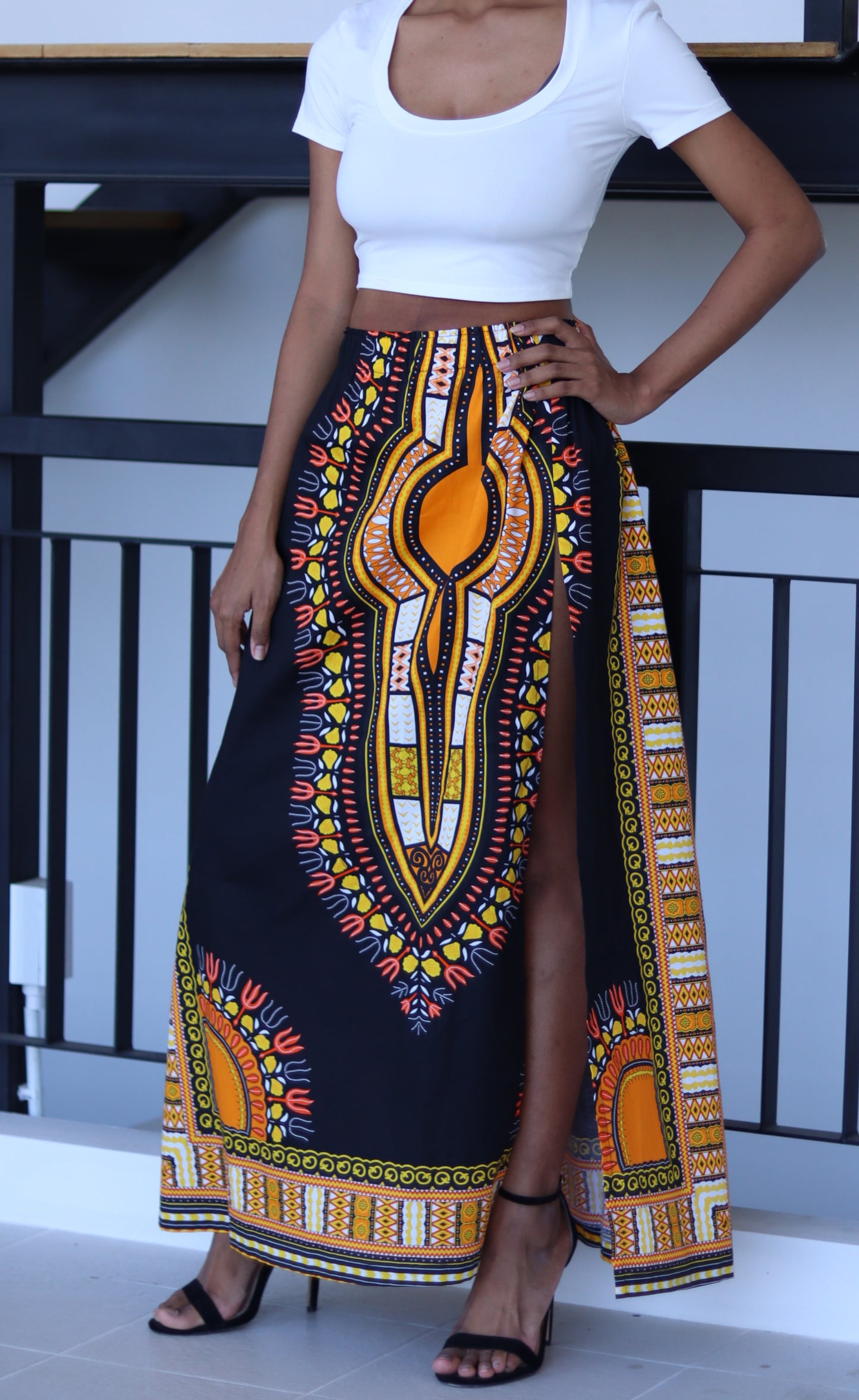 African Dashiki Skirt Side Slit - Kente Ankara Art Print Elastic Waist Dance Skirt