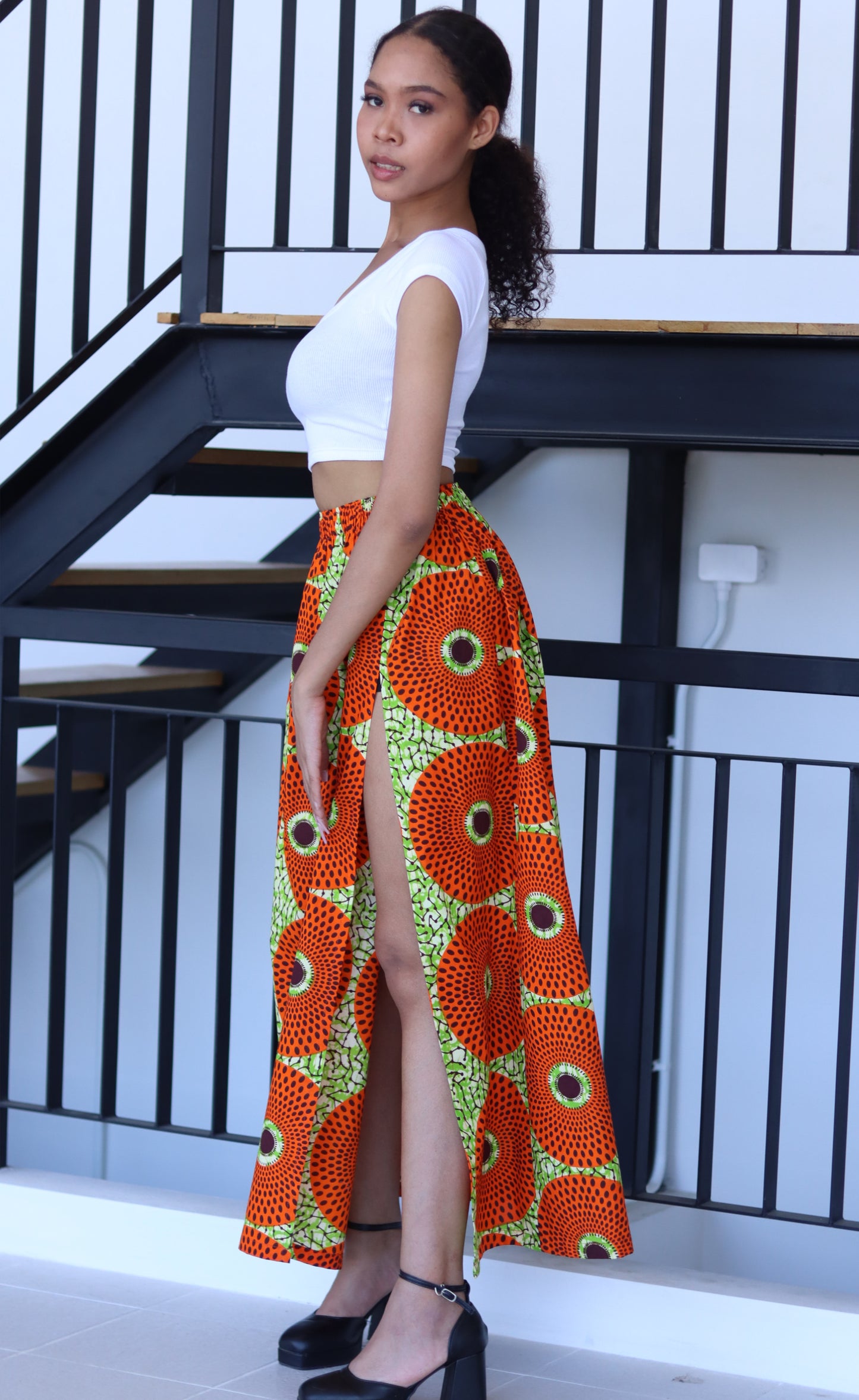 African Dashiki Skirt Side Slit - Kente Ankara Art Print Elastic Waist Dance Skirt