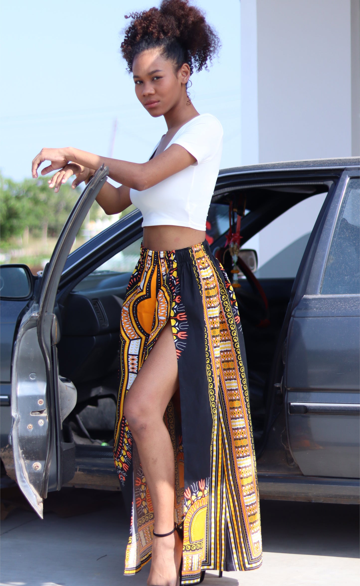 African Dashiki Skirt Side Slit - Kente Ankara Art Print Elastic Waist Dance Skirt