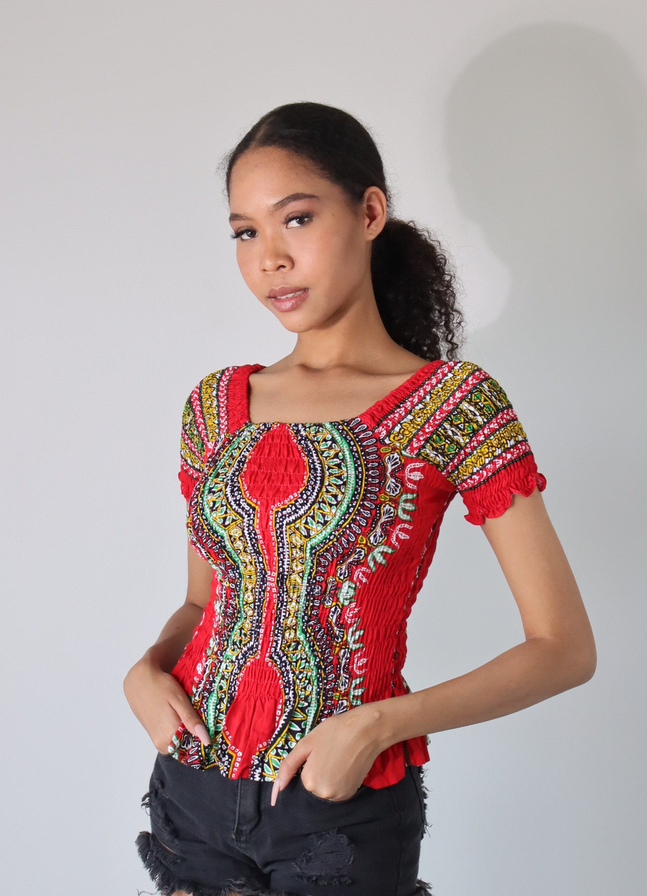 African Dashiki Womens Shirt - Smock Waist Babydoll Short Sleeves