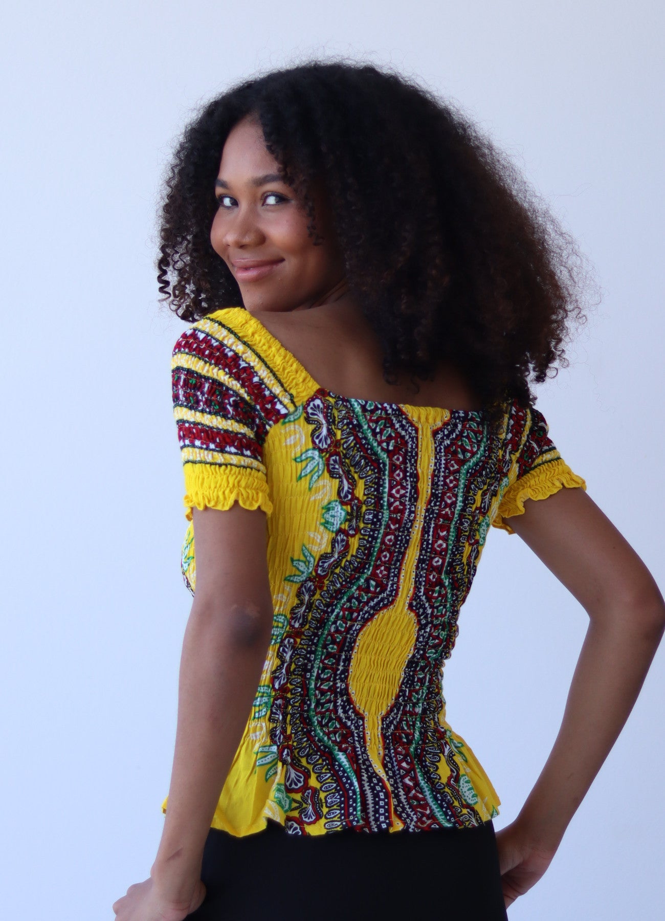 African Dashiki Womens Shirt - Smock Waist Babydoll Short Sleeves